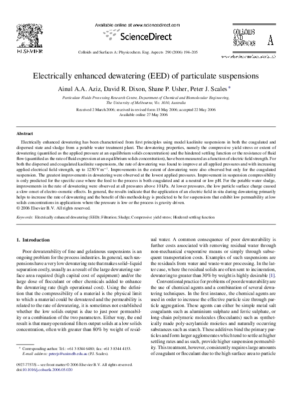 (PDF) Electrically enhanced dewatering (EED) of particulate suspensions