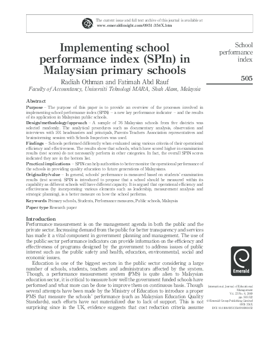 (PDF) Implementing school performance index (SPIn) in Malaysian primary ...