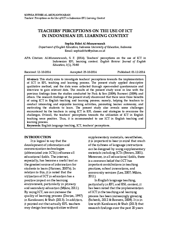 (PDF) TEACHERS' PERCEPTIONS ON THE USE OF ICT IN INDONESIAN EFL ...