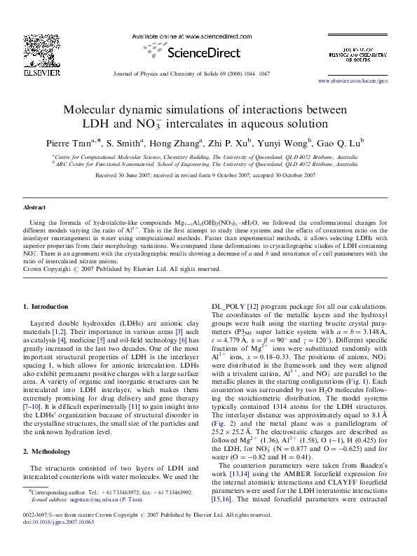 (PDF) Molecular dynamic simulations of interactions between LDH and NO3 ...
