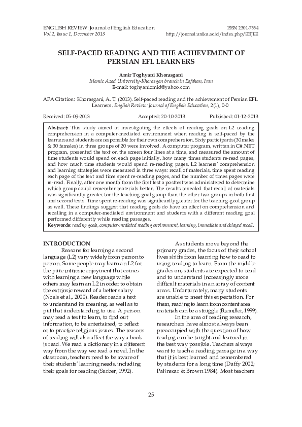 (PDF) SELF-PACED READING AND THE ACHIEVEMENT OF PERSIAN EFL LEARNERS