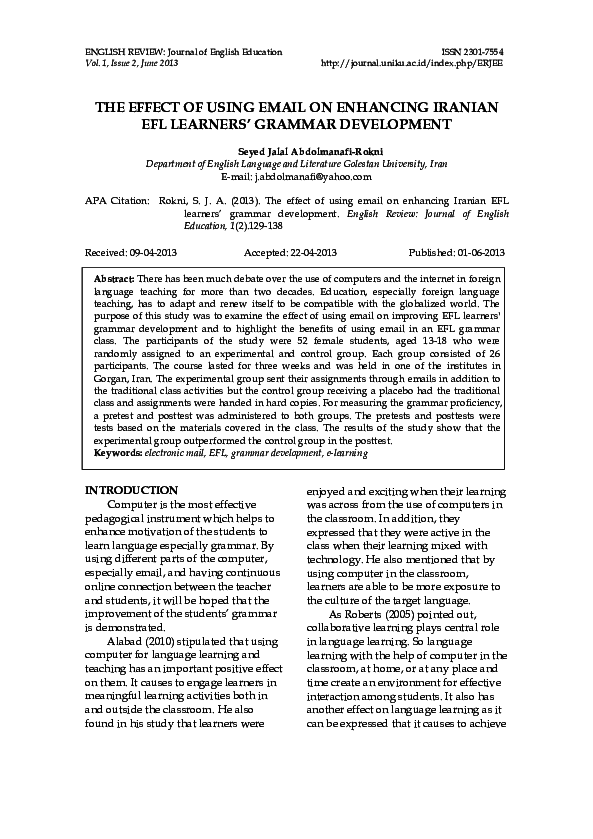 (PDF) THE EFFECT OF USING EMAIL ON ENHANCING IRANIAN EFL LEARNERS ...