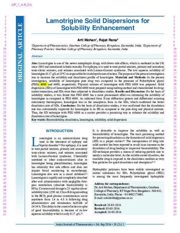 (PDF) Lamotrigine Solid Dispersion for bioavailability enhancement