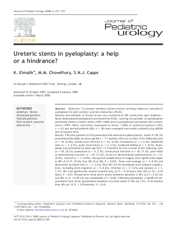(PDF) Ureteric stents in pyeloplasty: a help or a hindrance?