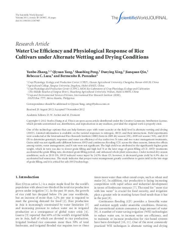 (PDF) Water Use Efficiency and Physiological Response of Rice Cultivars ...
