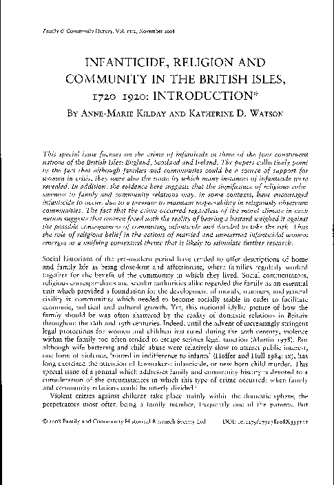 INFANTICIDE, RELIGION AND COMMUNITY IN THE BRITISH ISLES, 1720-1920: INTRODUCTION