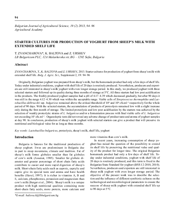 (PDF) Starter cultures for production of yoghurt from sheep’s milk with extended shelf life