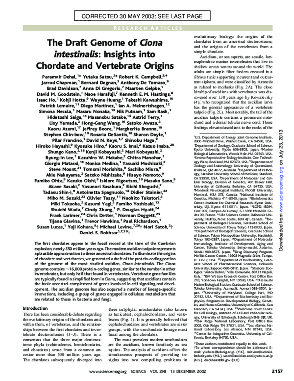 (PDF) The draft genome of Ciona intestinalis: insights into chordate ...