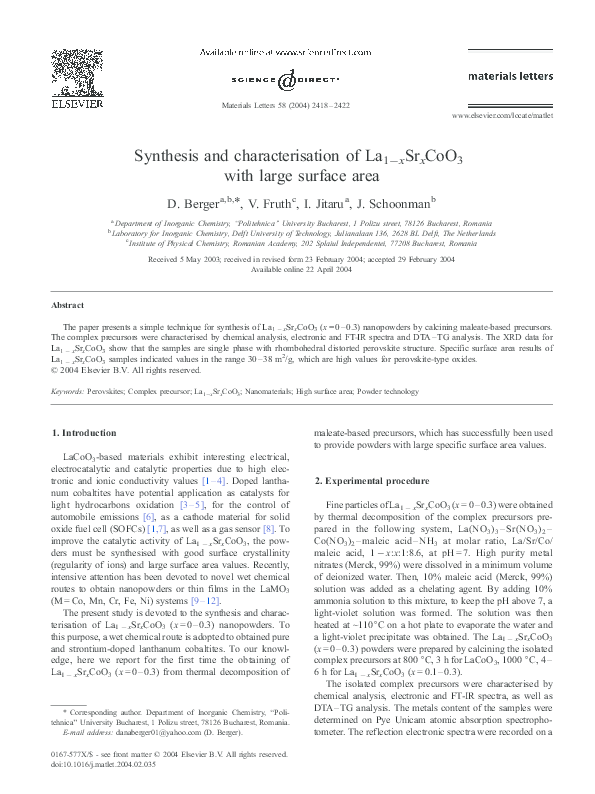 (PDF) Synthesis and characterisation of La 1− x Sr x CoO 3 with large ...