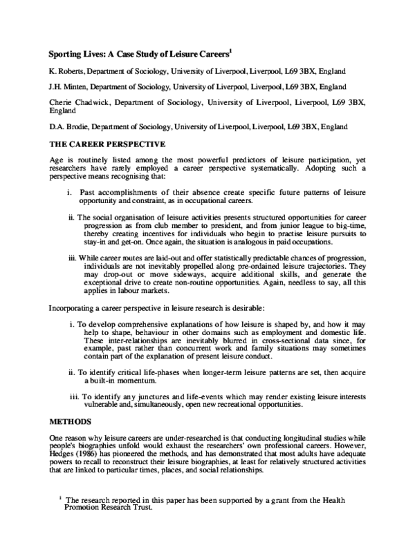 (PDF) Sporting Lives: A Case Study of Leisure Careers