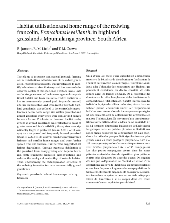 (PDF) Habitat utilization and home range of the redwing francolin