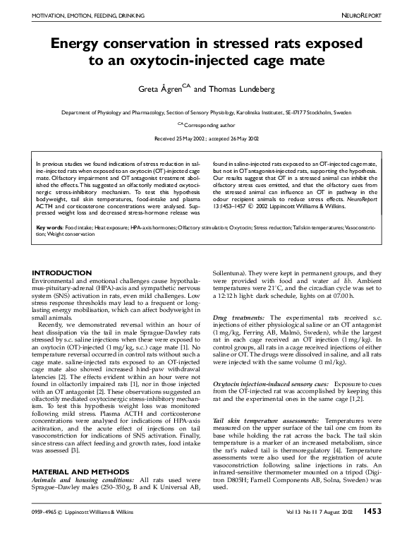 (PDF) Energy conservation in stressed rats exposed to an oxytocin