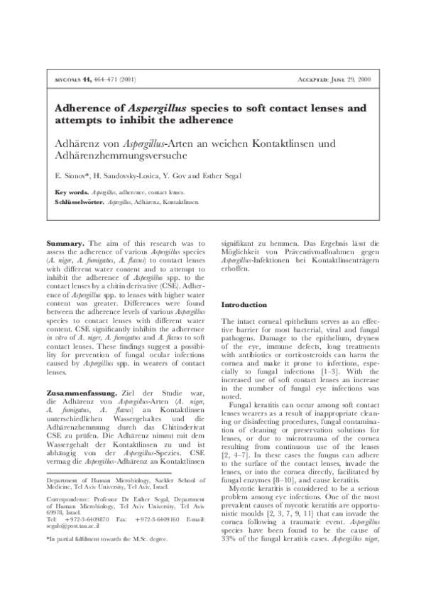(PDF) Adherence of Aspergillus species to soft contact lenses and ...