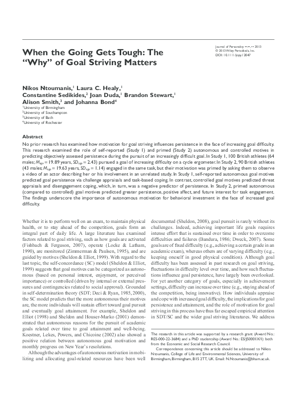 (PDF) When the Going Gets Tough: The “Why” of Goal Striving Matters