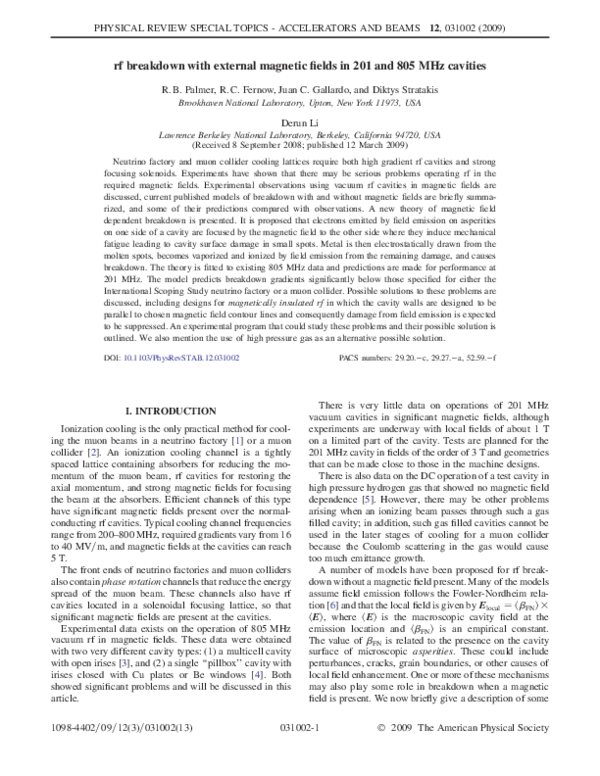 (PDF) rf breakdown with external magnetic fields in 201 and 805 MHz ...