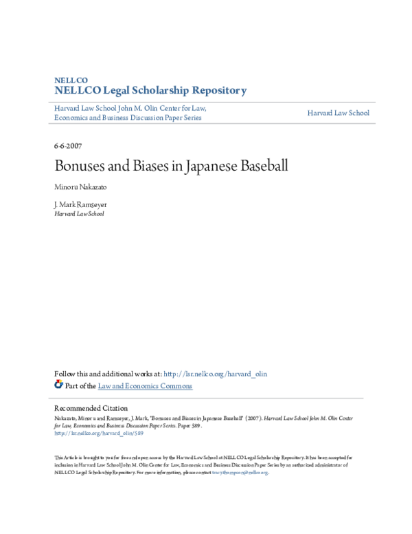 (PDF) Bonuses and Biases in Japanese Baseball Mark Ramseyer