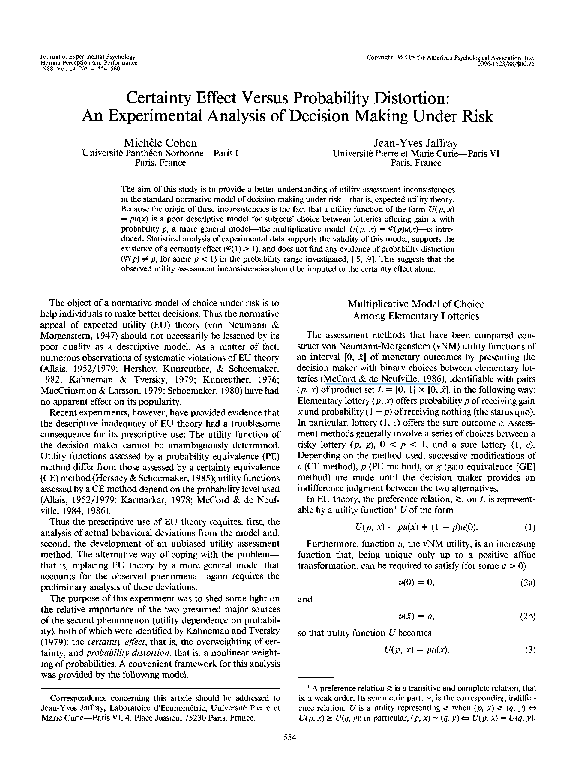 (PDF) Certainty effect versus probability distortion: An experimental ...