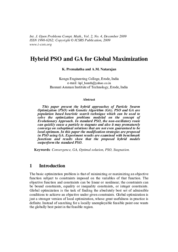 (PDF) Hybrid PSO and GA for global maximization