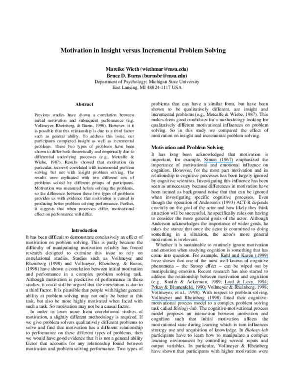 (PDF) Motivation in Insight versus Incremental Problem Solving