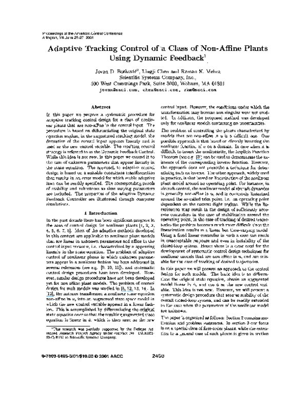 (PDF) Adaptive tracking control of a class of non-affine plants using ...