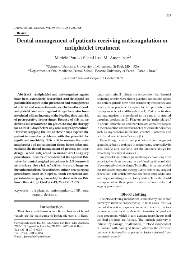 (PDF) Dental management of patients receiving anticoagulation or ...