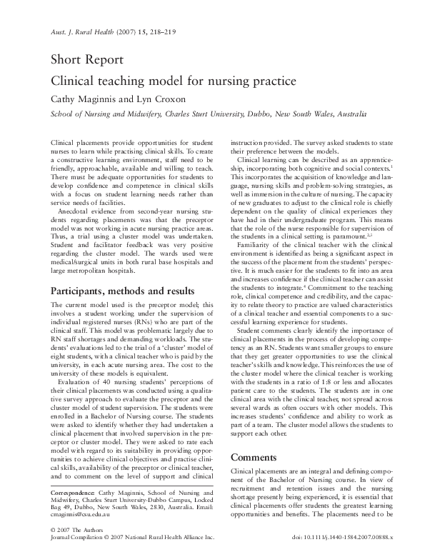 (PDF) Clinical teaching model for nursing practice Cathy Rogers and