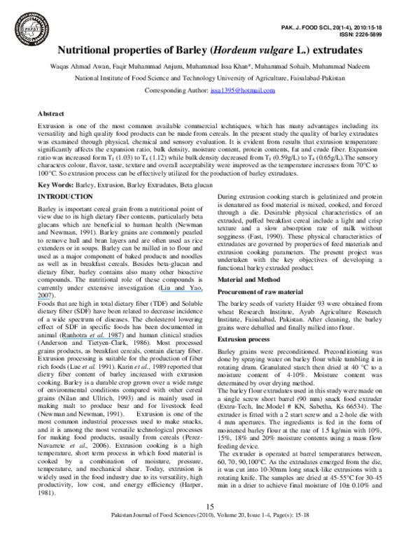 (PDF) Nutritional properties of Barley (Hordeum vulgare L.) extrudates