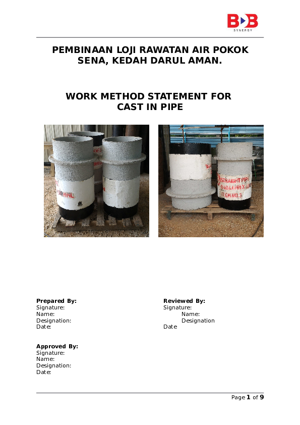 Doc Pembinaan Loji Rawatan Air Pokok Sena Kedah Darul Aman Work Method Statement For Cast In Pipe Bdb Synergy Sdn Bhd Academia Edu