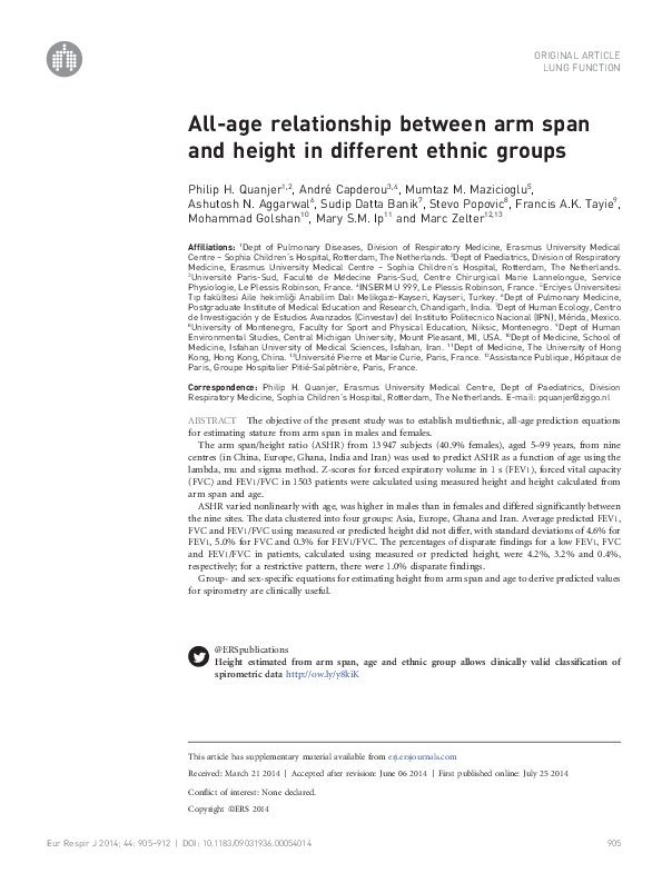 (PDF) Allage relationship between arm span and height in different