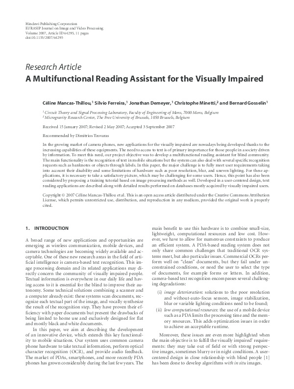 (PDF) A Multifunctional Reading Assistant for the Visually Impaired