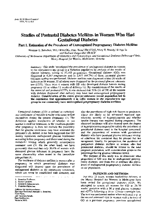 (PDF) Studies of Postnatal Diabetes Mellitus in Women Who Had ...