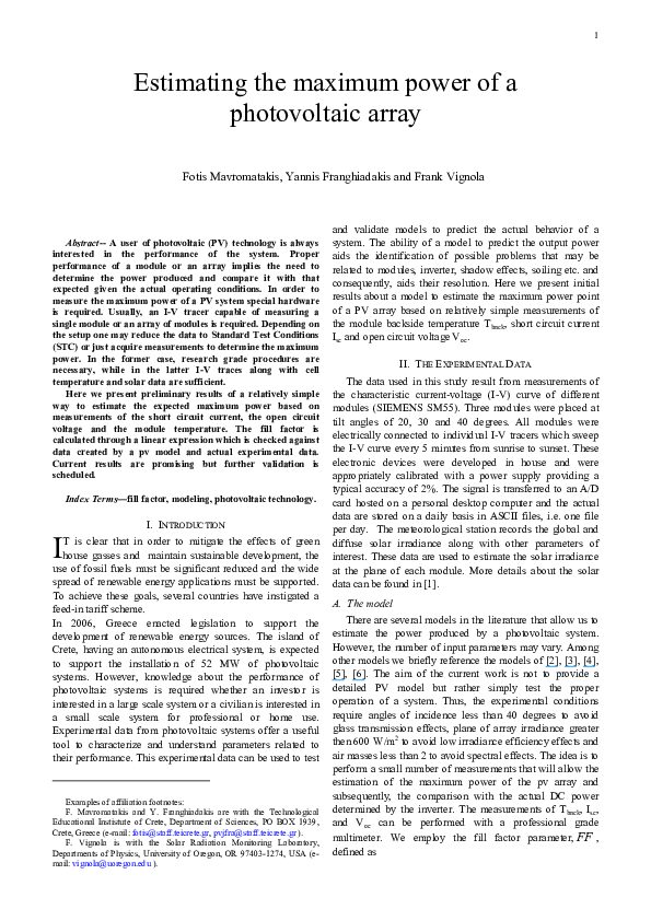 (PDF) Estimating the maximum power of a photovoltaic array