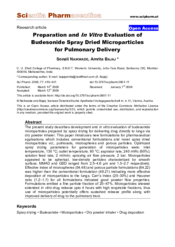 (PDF) Preparation and In Vitro Evaluation of Budesonide Spray Dried ...