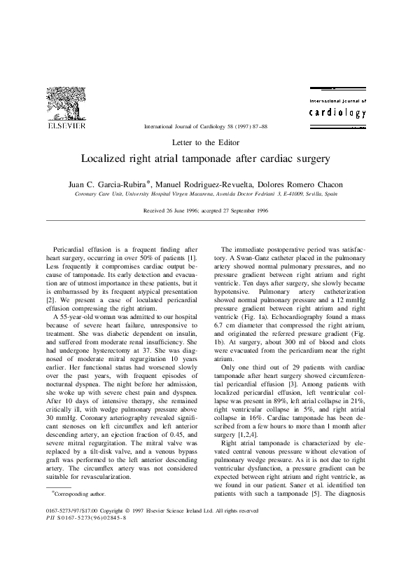 (PDF) Localized right atrial tamponade after cardiac surgery