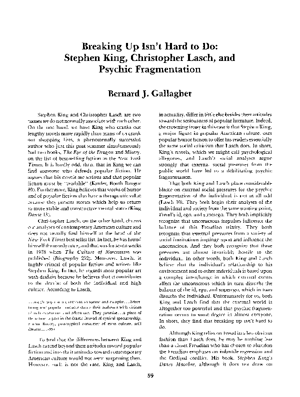 (PDF) Breaking Up Isn't Hard to Do: Stephen King, Christopher Lasch ...