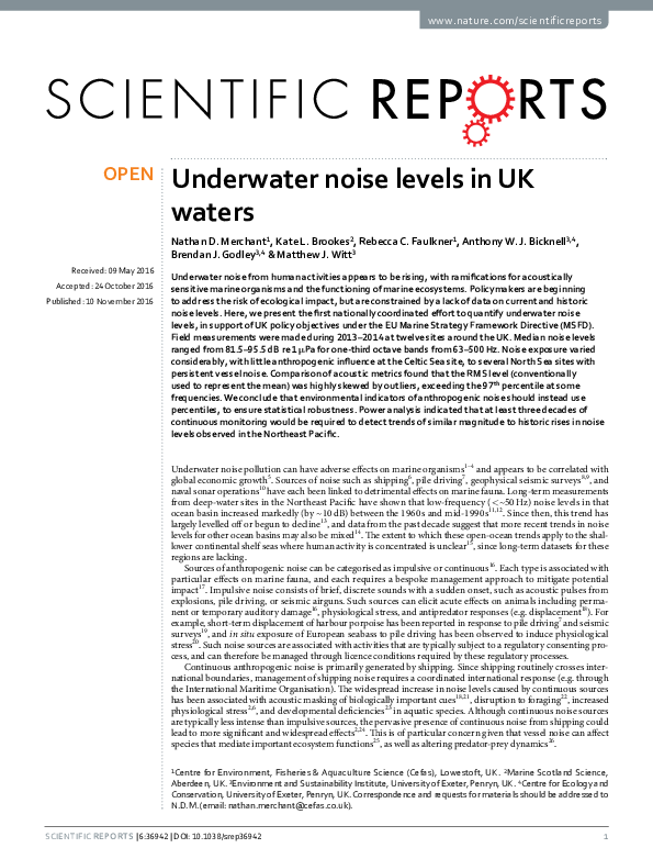 (PDF) Underwater noise levels in UK waters Brendan Godley and Nathan