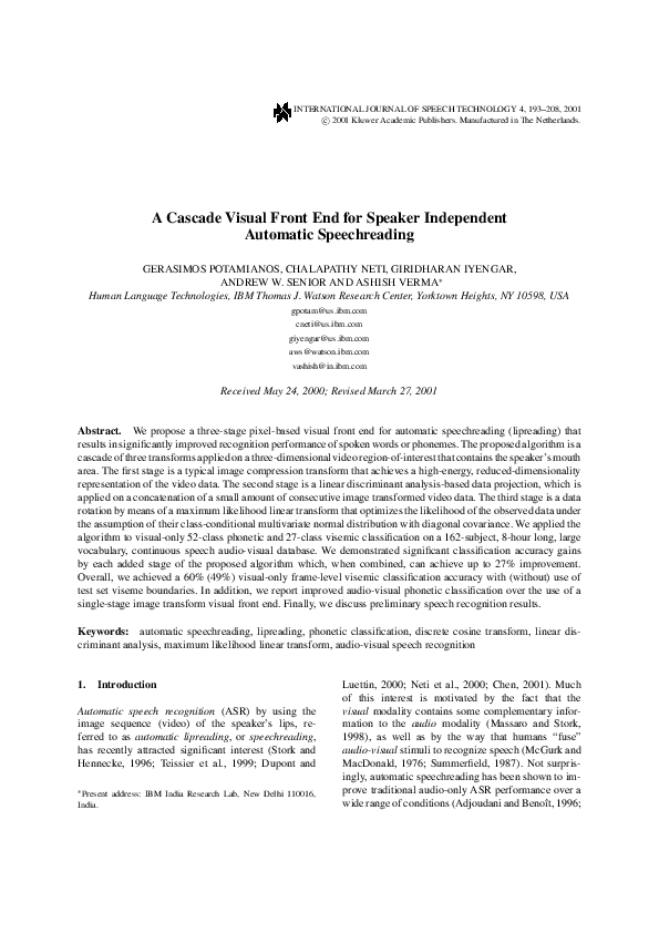 (PDF) A Cascade Visual Front End for Speaker Independent Automatic ...