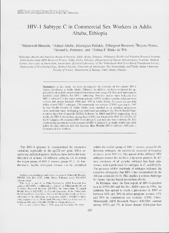 (PDF) HIV1 subtype C in commercial sex workers in Addis Ababa, Ethiopia