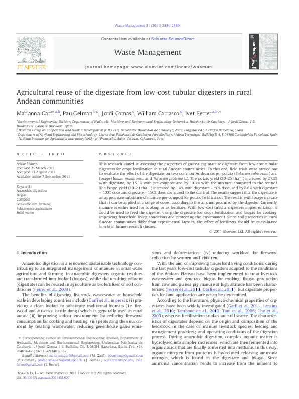 (PDF) Agricultural reuse of the digestate from low-cost tubular ...