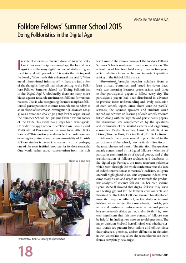 (PDF) Folklore Fellows’ Summer School 2015: Doing Folkloristics in the ...