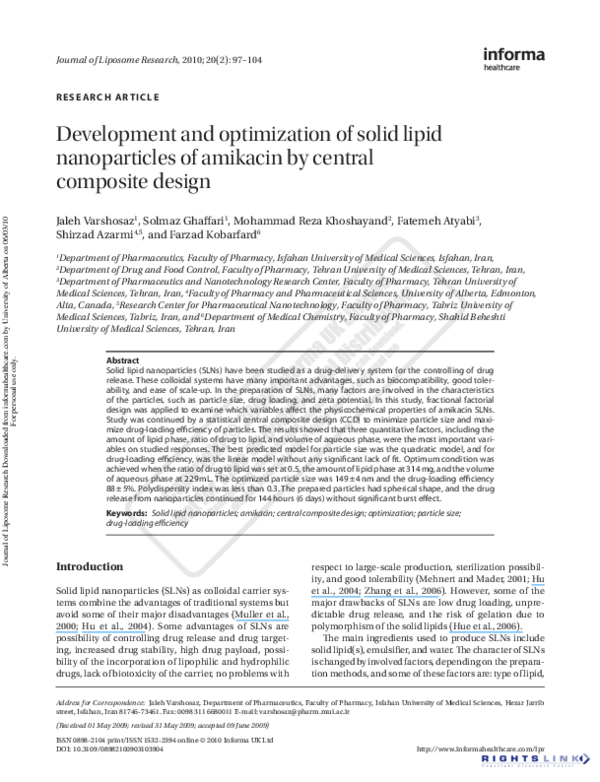 (PDF) Development and optimization of solid lipid nanoparticles of ...