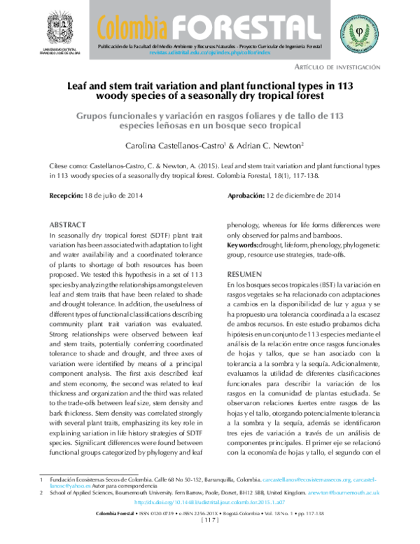 (PDF) LEAF AND STEM TRAIT VARIATION AND PLANT FUNCTIONAL TYPES IN 113 ...
