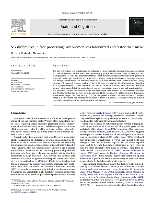 (PDF) Sex differences in face processing: Are women less lateralized ...