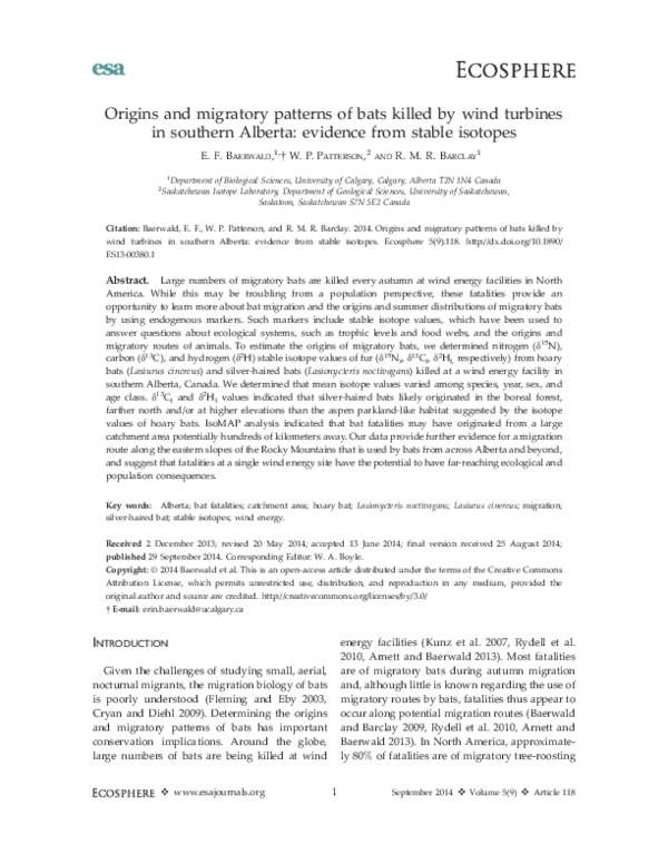 (PDF) Origins and migratory patterns of bats killed by wind turbines in ...