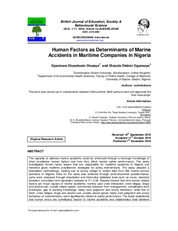 (PDF) Human Factors as Determinants of Marine Accidents in Maritime ...