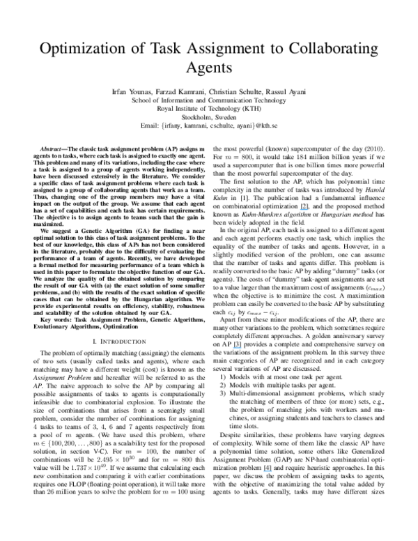 (PDF) Optimization of task assignment to collaborating agents