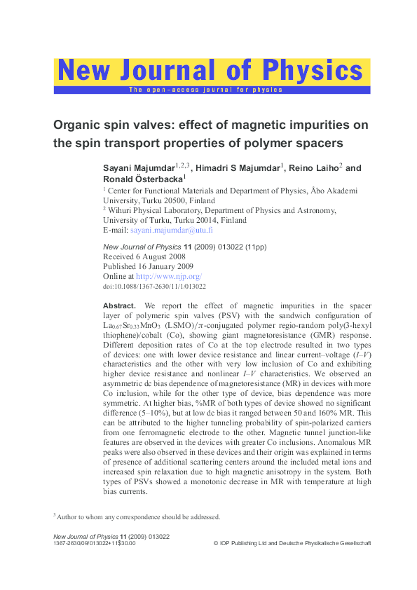 (PDF) Organic spin valves: effect of magnetic impurities on the spin ...