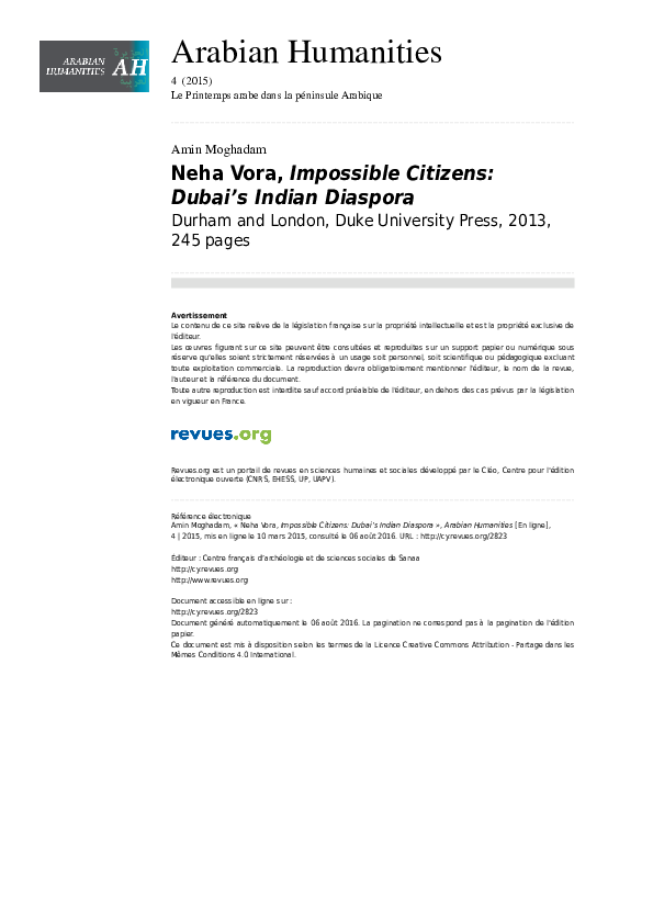 Pdf Neha Vora Impossible Citizens Dubai S Indian Diaspora Amin Moghadam Academia Edu
