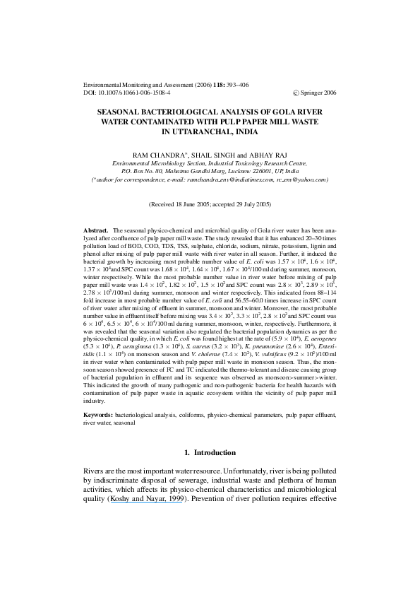 (PDF) Seasonal Bacteriological Analysis of Gola River Water