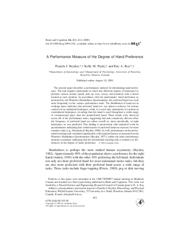 (PDF) A Performance Measure of the Degree of Hand Preference